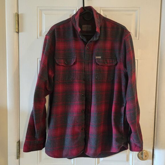 ORVIS Heavy Flannel Shirt Jacket Mens Size Large Pockets Red Plaid Mended Elbow - Picture 1 of 10